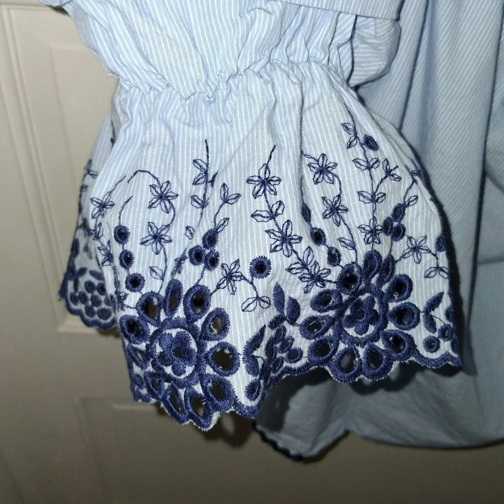 Zara Basic Blue Pinstripe Off Shoulder Embroidered Puff Sleeve Blouse Small